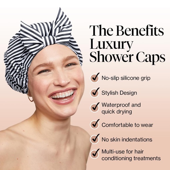 NWT, BNIB KITSCH Luxury Shower Cap Black and White Stripes Striped Shower Cap - Picture 8 of 14
